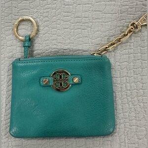 Tory Burch Teal Key & Card Holder with Gold Accents
